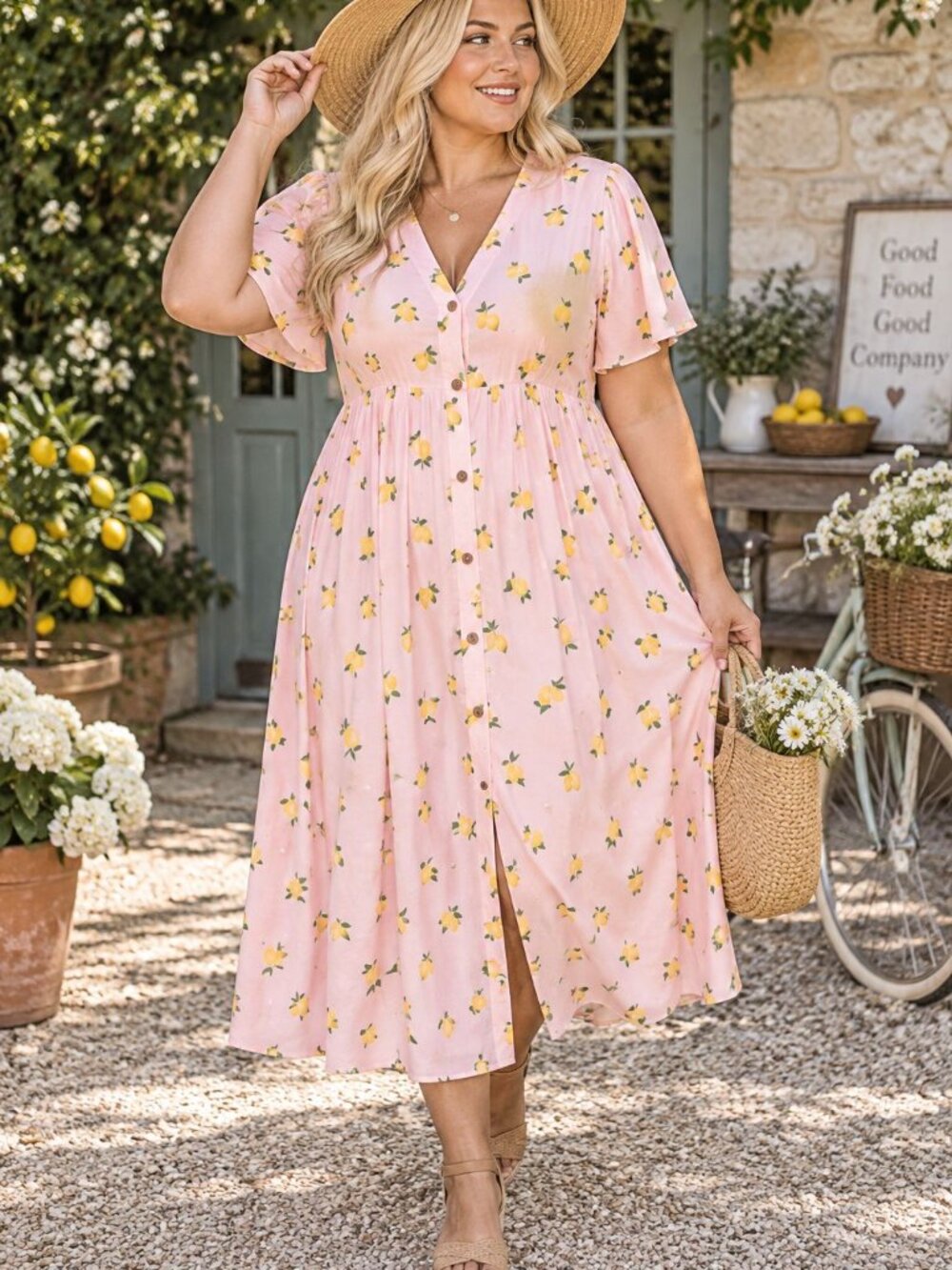 eShakti Pink Lemon Print Midi Dress 18W Button Front Cottagecore Coastal Summer